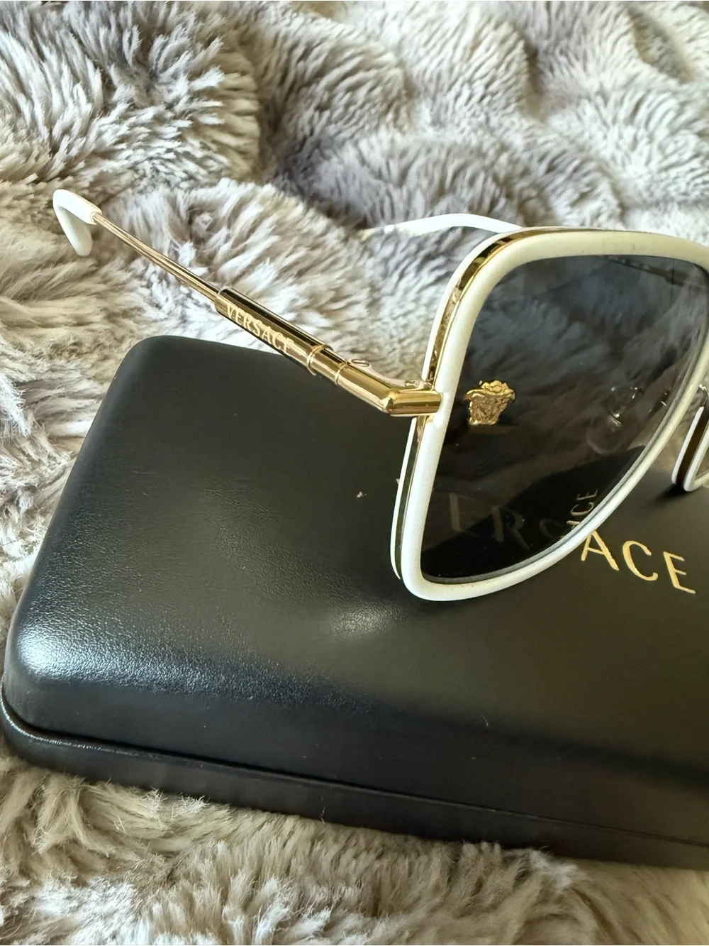 Versace White Frame Black Lens Sunglasses with Gold Accents